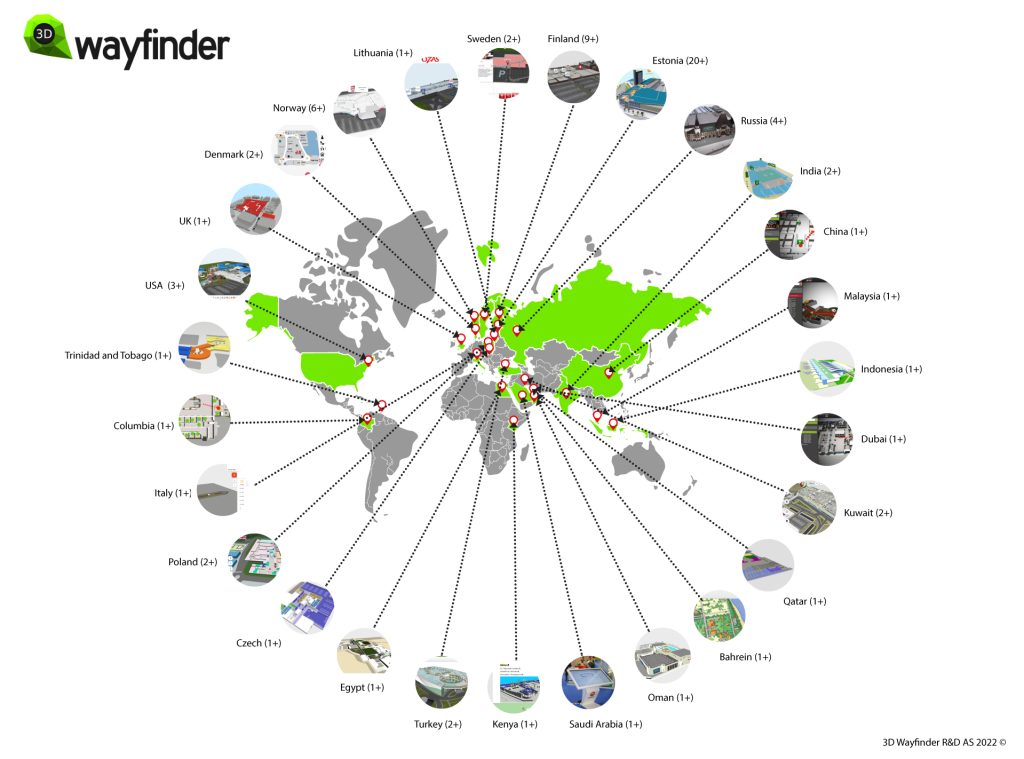 3D Wayfinder R&D project map for wayfinding software projects globally.