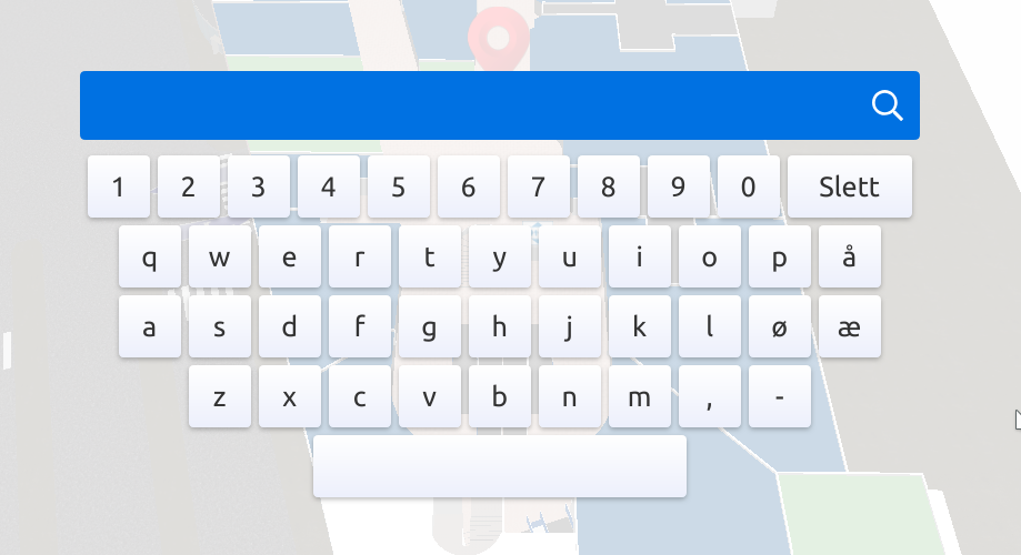 3D Wayfinder in-house built JavaScript Keyboard for search input on screen.